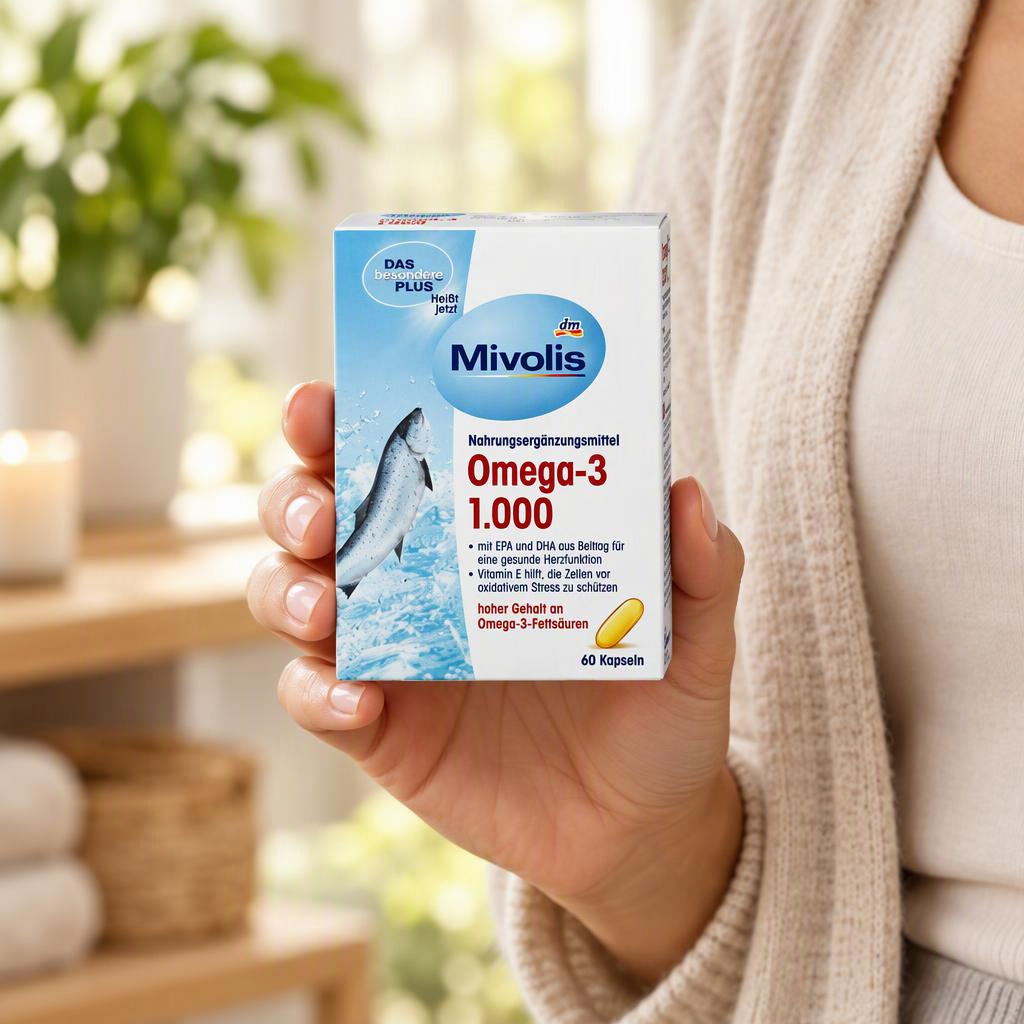 قرص Omega 3 امگا 3 1000mg میوولیس Mivolis omega-3 4 جعبه کپسول امگا 3 میولیس آلمان در دست فردی دیده میشود