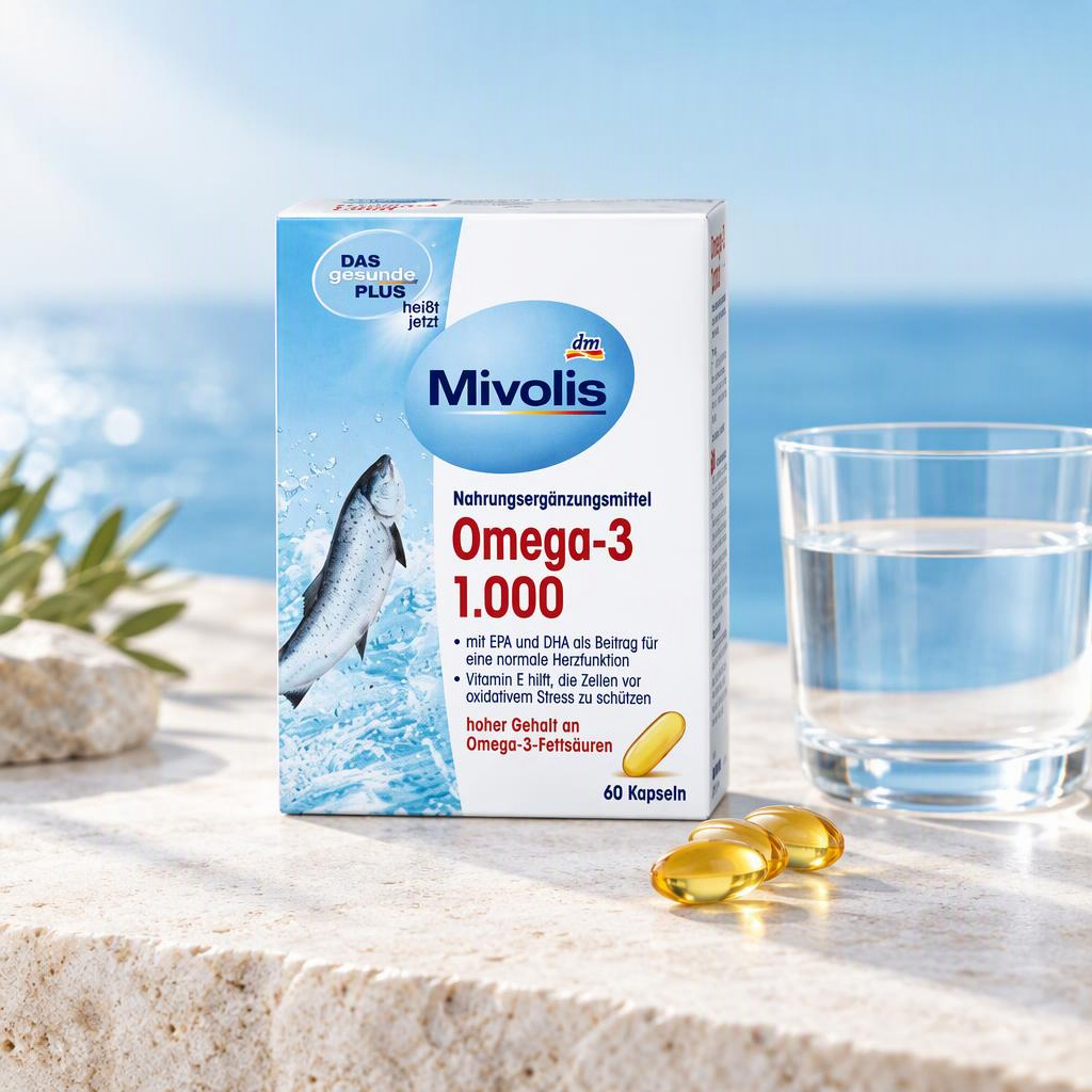 قرص Omega 3 امگا 3 1000mg میوولیس Mivolis omega-3 2 جعبه و کپسول امگا 3 میولیس کنار لیوان آب و ساحل