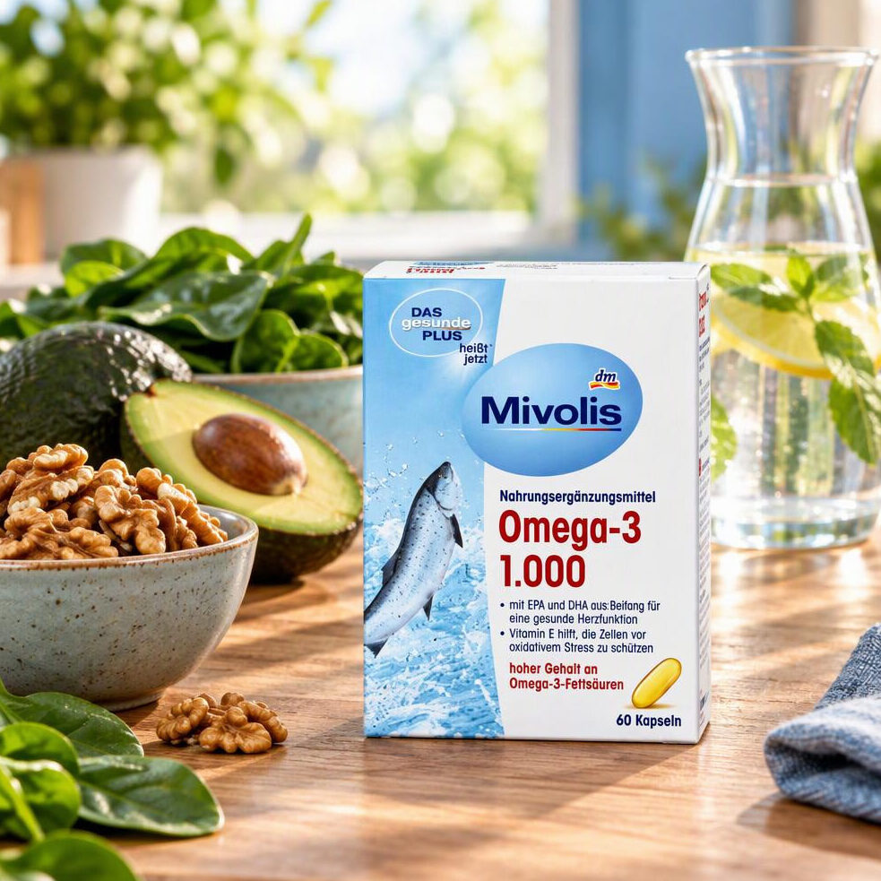 قرص Omega 3 امگا 3 1000mg میوولیس Mivolis omega-3 3 جعبه قرص امگا 3 میولیس کنار گردو و آووکادو در آشپزخانه