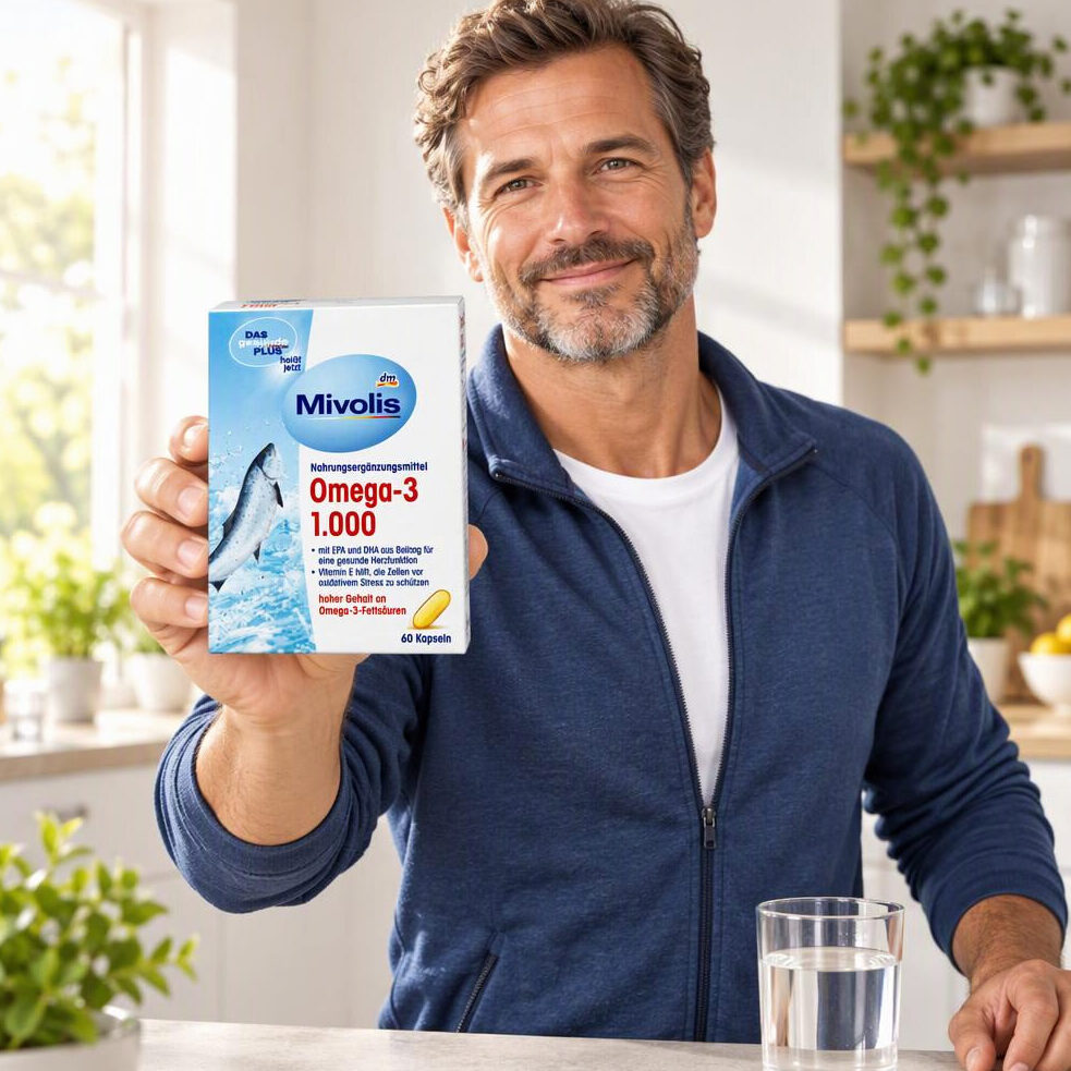 قرص Omega 3 امگا 3 1000mg میوولیس Mivolis omega-3 5 مردی جعبه مکمل امگا 3 میولیس را کنار لیوان آب گرفته است