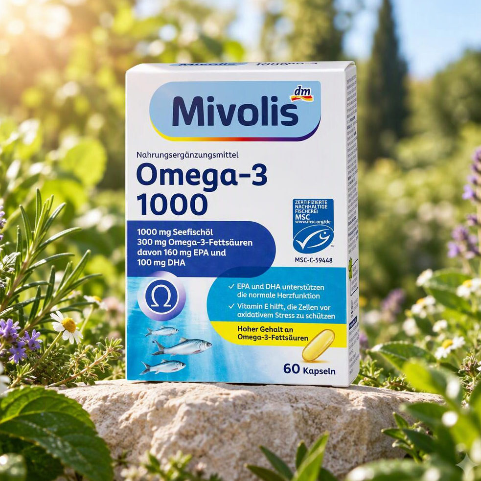 قرص Omega 3 امگا 3 1000mg میوولیس Mivolis omega-3 8 جعبه کپسول امگا 3 میولیس آلمان روی صخره باغ میان گلها