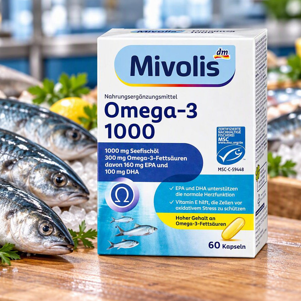 قرص Omega 3 امگا 3 1000mg میوولیس Mivolis omega-3 16 جعبه کپسول امگا 3 میولیس آلمان کنار ماهی تازه روی یخ