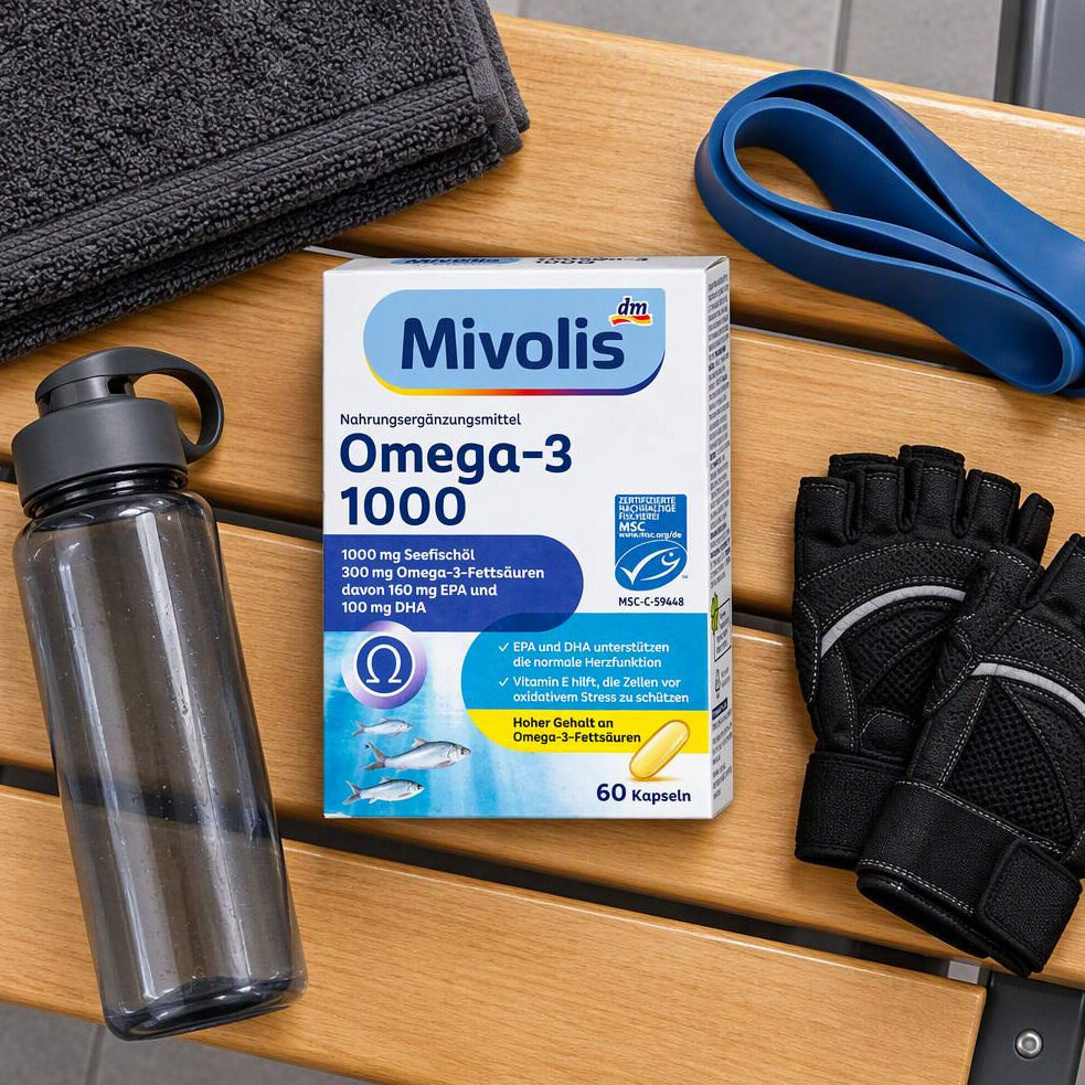 قرص Omega 3 امگا 3 1000mg میوولیس Mivolis omega-3 12 جعبه کپسول امگا 3 میولیس آلمان کنار آب و دستکش ورزشی