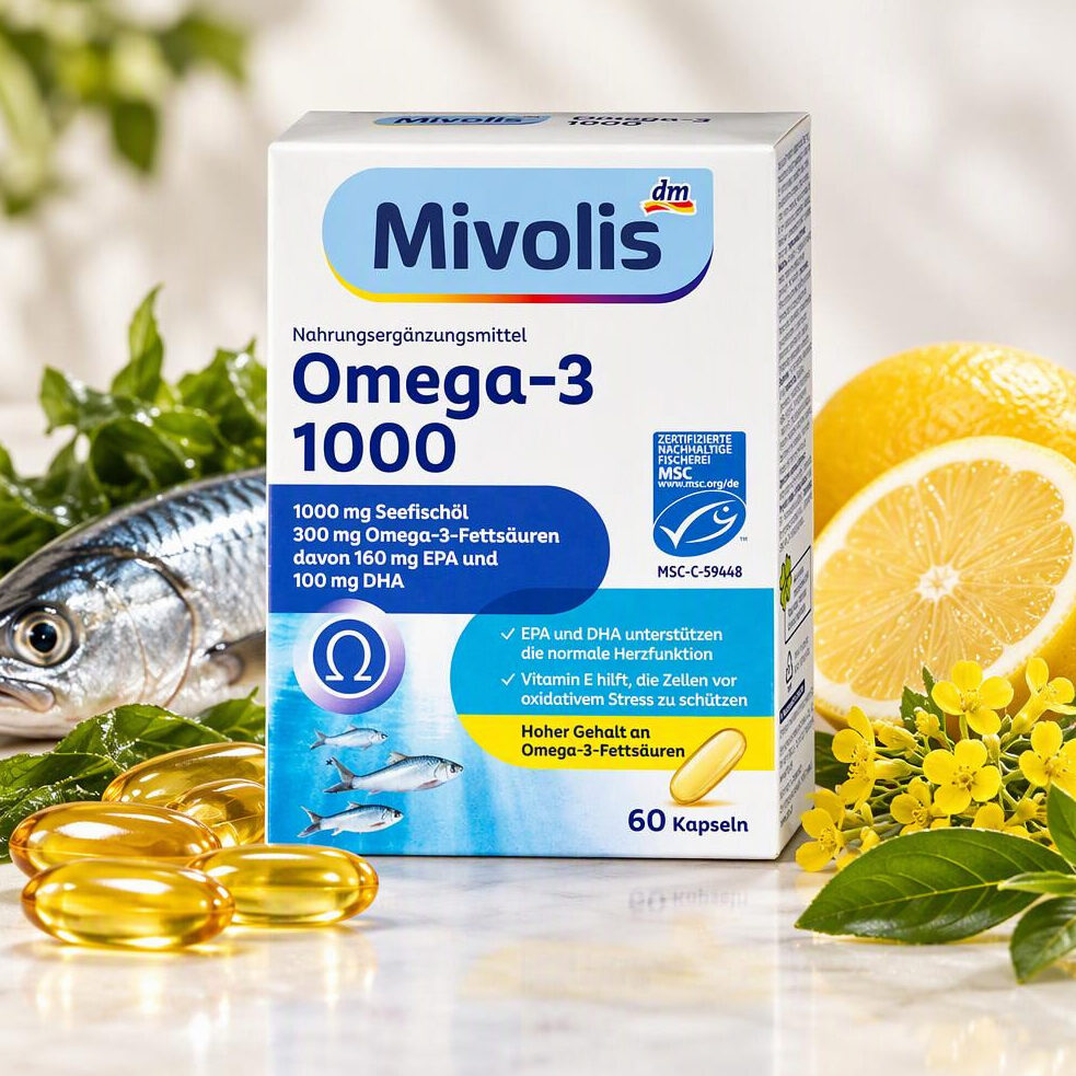 قرص Omega 3 امگا 3 1000mg میوولیس Mivolis omega-3 21 جعبه مکمل امگا 3 میولیس کنار ماهی، لیمو و کپسولهای زرد