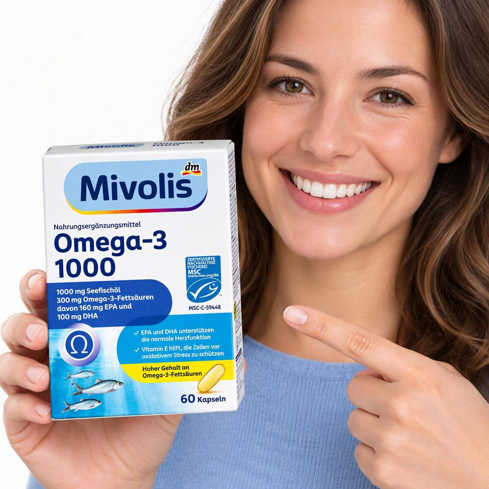 قرص Omega 3 امگا 3 1000mg میوولیس Mivolis omega-3 18 زن خندان به جعبه کپسول امگا 3 میولیس اشاره میکند