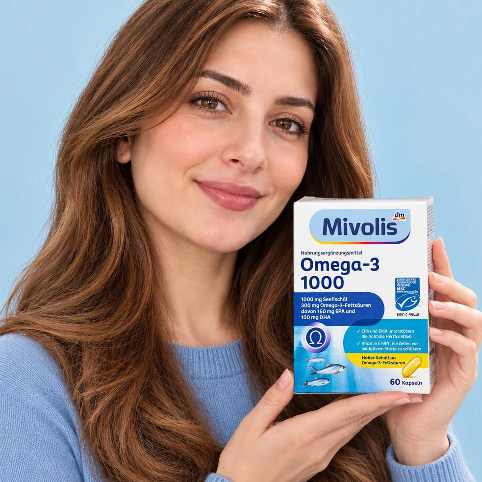قرص Omega 3 امگا 3 1000mg میوولیس Mivolis omega-3 22 زن بافتنیپوش جعبه کپسول امگا 3 میولیس را مقابل پسزمینه آبی گرفته