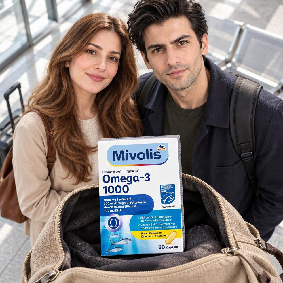 قرص Omega 3 امگا 3 1000mg میوولیس Mivolis omega-3 13 زن و مردی کنار چمدان، بسته مکمل امگا 3 میولیس را گرفتهاند