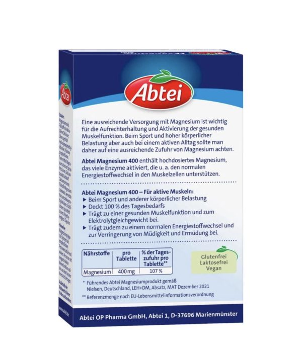 مکمل منیزیوم آلمانی Abtei Magnesium 400 Tablets 30 tab - Image 3